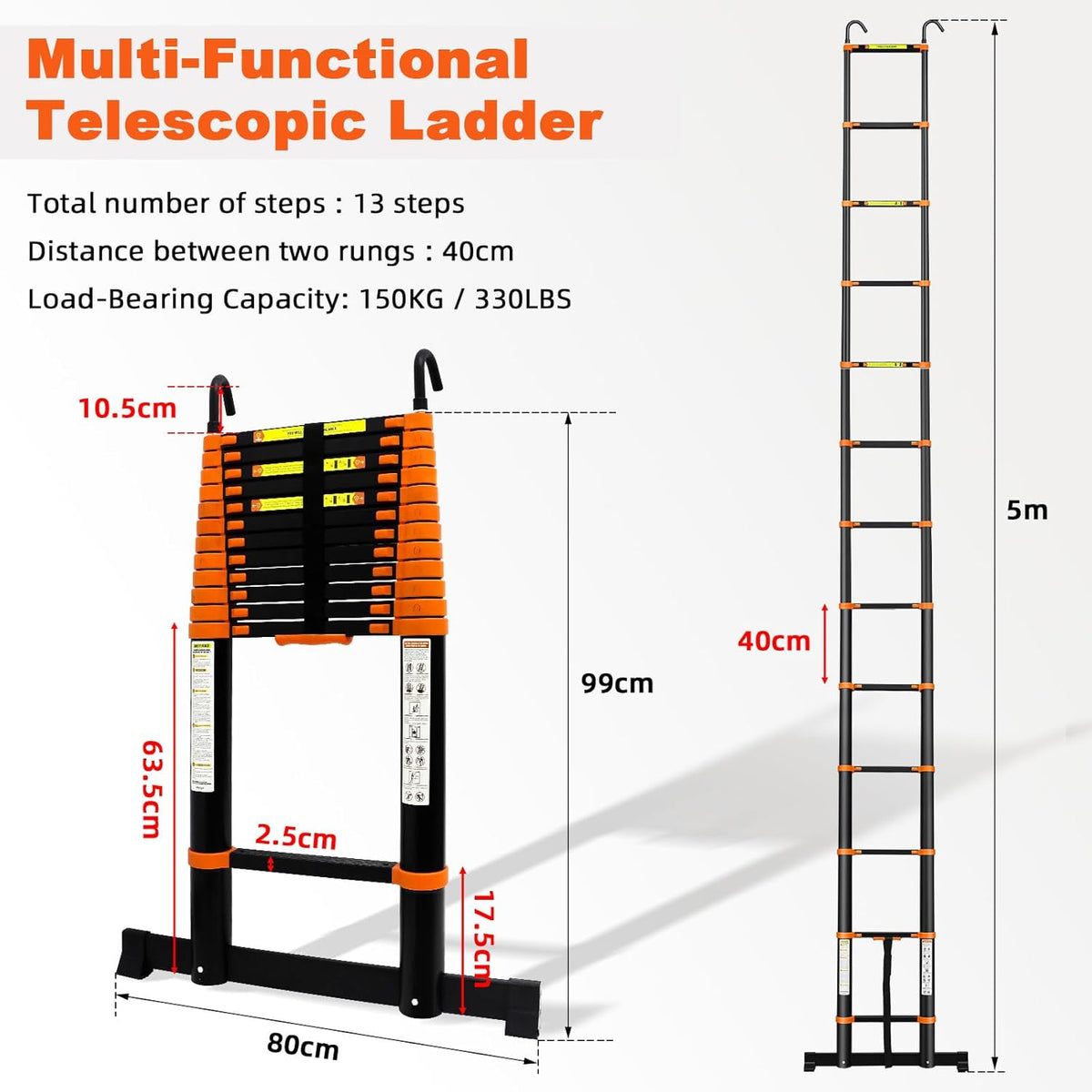 Telescopische ladder, 5 m, uittrekbare ladder, vouwladder, staande ladder, antislip, multifunctionele ladder, huishoudladder