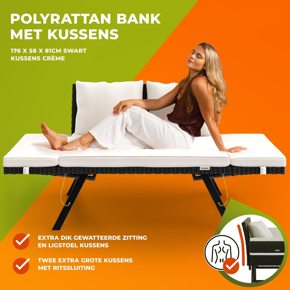Casaria Polyrattan Garden Bench with Reclining Function Cushion Adjustable Armrests Weatherproof Garden Terrace Balcony Black - QUORE