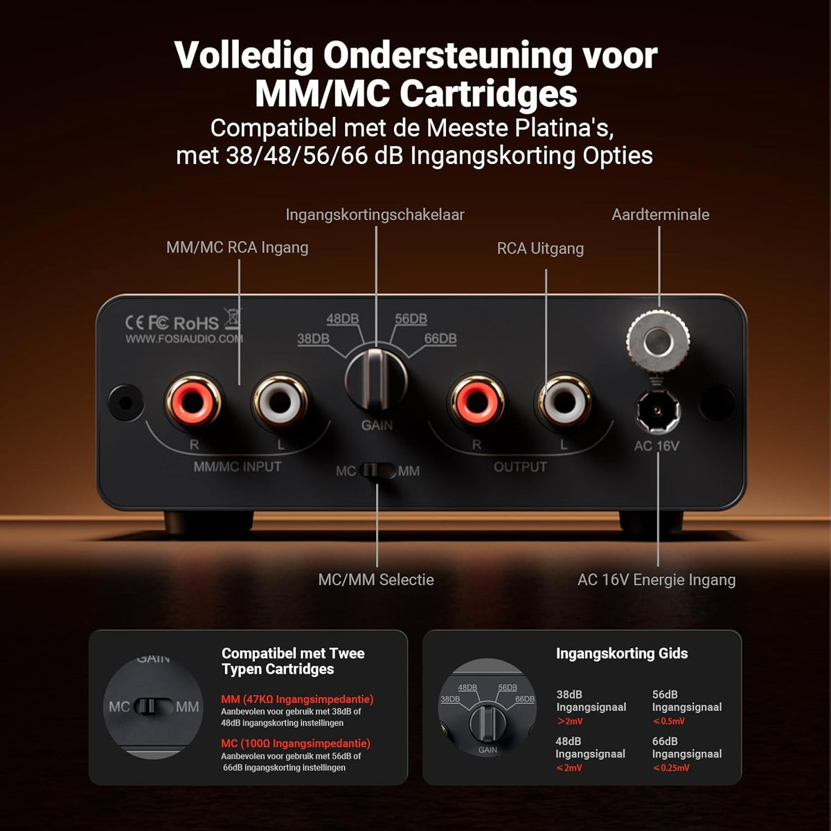 Fosi Audio BOX X5 Phono Voorversterker voor Draaitafel, voor MM & MC Cartridge Draaitafel/Phonograaf Platenspeler/Actieve Luidsprekers, 4-Level Instelbare Versterking 38/48/56/66 dB met RCA Uitgang