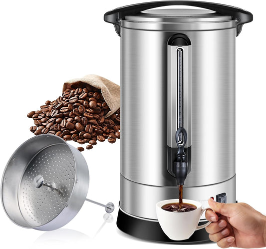 Homtone Gastro Koffiezetapparaat met rond filter, 120 kopjes/18 l, dubbelwandig, groot, roestvrij staal, industrieel koffiezetapparaat met tapkraan, voor feest, warmwaterdispenser voor koffie, thee
