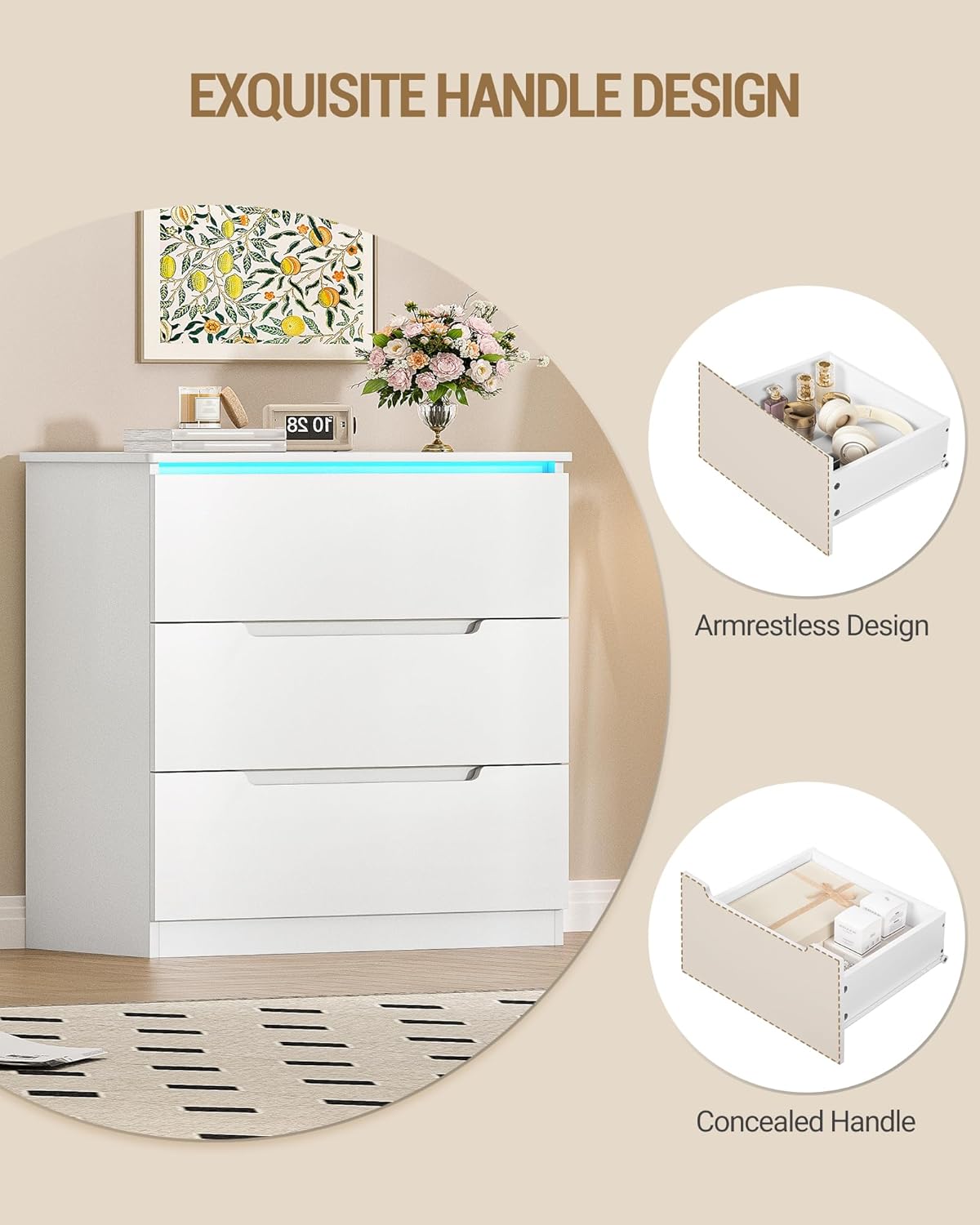 Hzuaneri Chest of Drawers, Side cabinet with LED light strip, Modern style, Suitable for living room and bedroom, 40 x 70 x 80 cm, White DC01303XEU