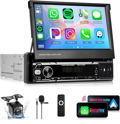 Rimoody Autoradio, 1 Din Wireless Carplay Android Auto met 7 Pollici HD touchscreen, handmatig intrekbare beeldscherm, autoradio met Bluetooth GPS Navi Mirror Link FM/AM/RDS radio TF/USB/AUX