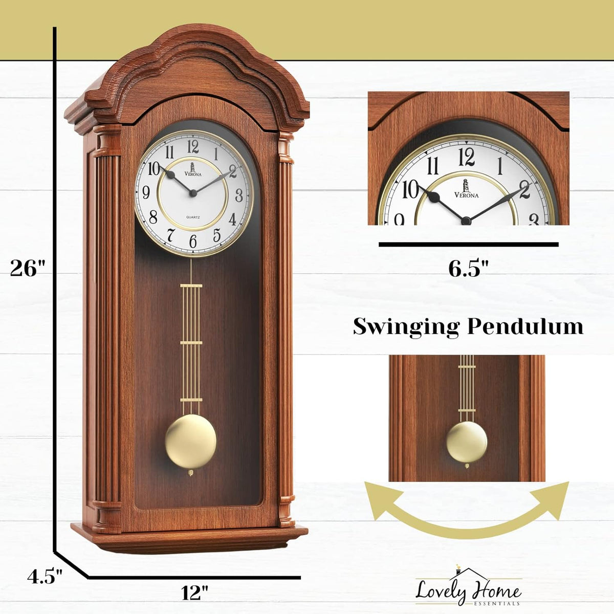 Pendulum Wall Clock Battery Operated - Large, Wooden Hanging Grandfather Wall Clock with Pendulum - Quiet, Made with Real Wood for Living Room Decor, Office & Home Décor Gift 26x12