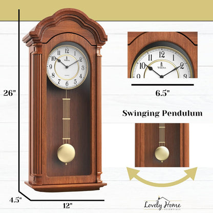 Pendulum Wall Clock Battery Operated - Large, Wooden Hanging Grandfather Wall Clock with Pendulum - Quiet, Made with Real Wood for Living Room Decor, Office & Home Décor Gift 26x12
