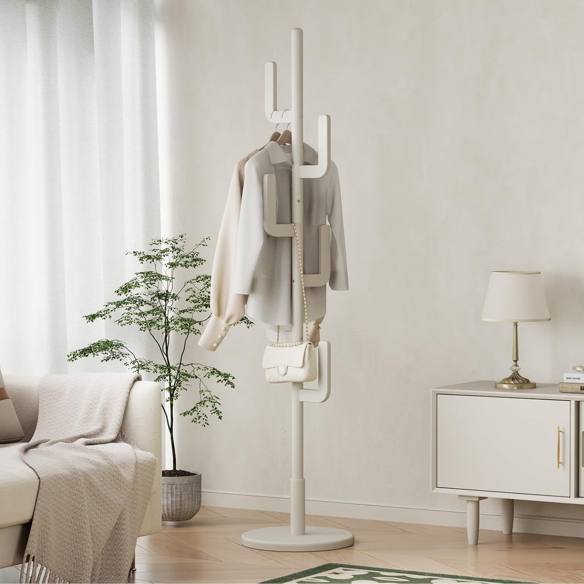 AQIMUELE Kapstok, kledingstandaard, massief hout, jasstandaard in cactusdesign met 6 haken, voor kleding en hoed, gemakkelijk te monteren, voor hal en slaapkamer (wit)
