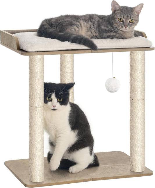 Kattenkrabpaal – Krabboom – Kattenboom – Krabpaal Kat – Krabmeubel – Groot Platform 50x34 cm – Drie Natuurlijke Sisal Kolommen 60 cm Hoog – Greige