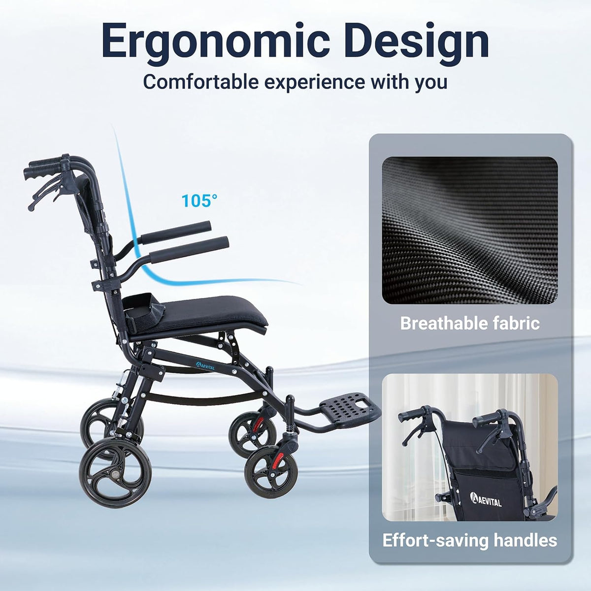 Rolstoel, opvouwbaar, licht, smalle transportrolstoel met verstelbare hoogte, ergonomische handgrepen en 360° wielen, geschikt voor woning en onderweg (Black)
