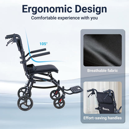 Rolstoel, opvouwbaar, licht, smalle transportrolstoel met verstelbare hoogte, ergonomische handgrepen en 360° wielen, geschikt voor woning en onderweg (Black)