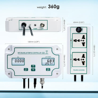 Slimme Wifi-waterkwaliteitstester pH-, EC- en Temperatuurmonitor Continue Online Monitoringstester met Lcd-scherm, App-meldingen, Realtime Gegevens, Vervangbare Sondes voor Hydrocultuur en Aquaria
