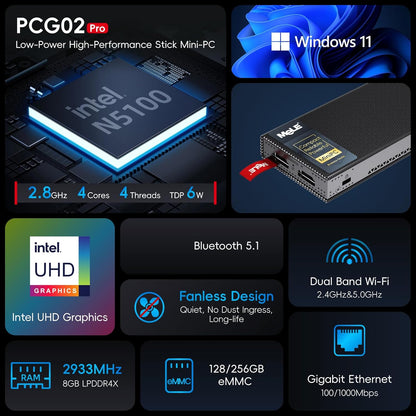 MeLE Fanless Mini PC Stick PCG02 Pro N5100 8GB Ram 128GB Opslag, Micro Desktop Computer USB Dual HDMI Gigabit Ethernet op Zakelijk Kantoor Industriële IoT Media Thuis
