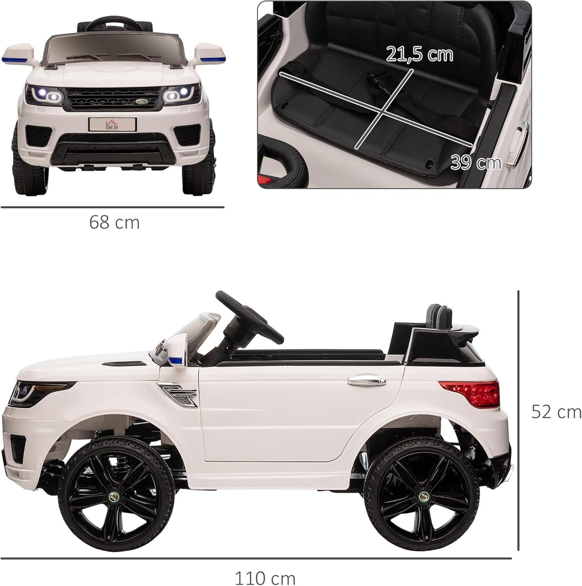 HOMCOM Elektrische auto voor kinderen, SUV, elektrisch voertuig, 12 V, dubbele motoren, snelheden 3-5 km/u, veerophanging, afstandsbediening 2,4 G, ledlampen, muziek en claxon, 3-6 jaar, wit