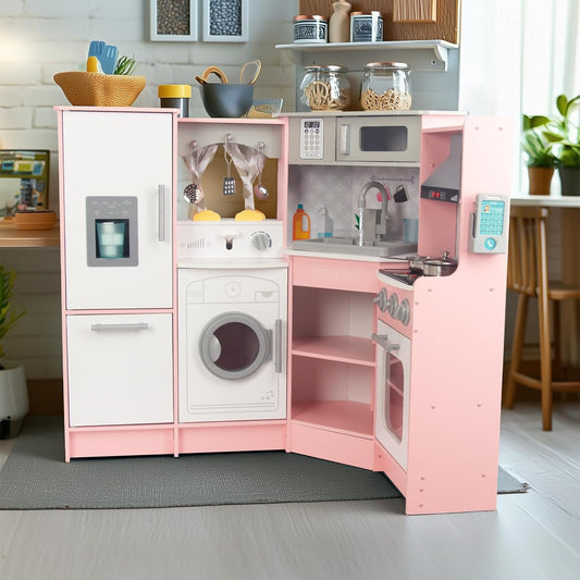 Kinderhoek keuken met watercirculatie, gootsteen, houten hoek, spel, keukenset met koelkast en inductiekookplaat, hoekkeuken, cadeau voor kinderen van 3 jaar, roze