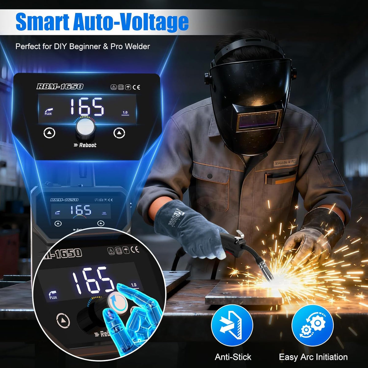 Reboot MIG-lasapparaat 165 AMP 230 V 4-in-1 meervoudig proces | gasloos / lift TIG/stick MMA met groot led-display, RBM1650 + gratis accessoires