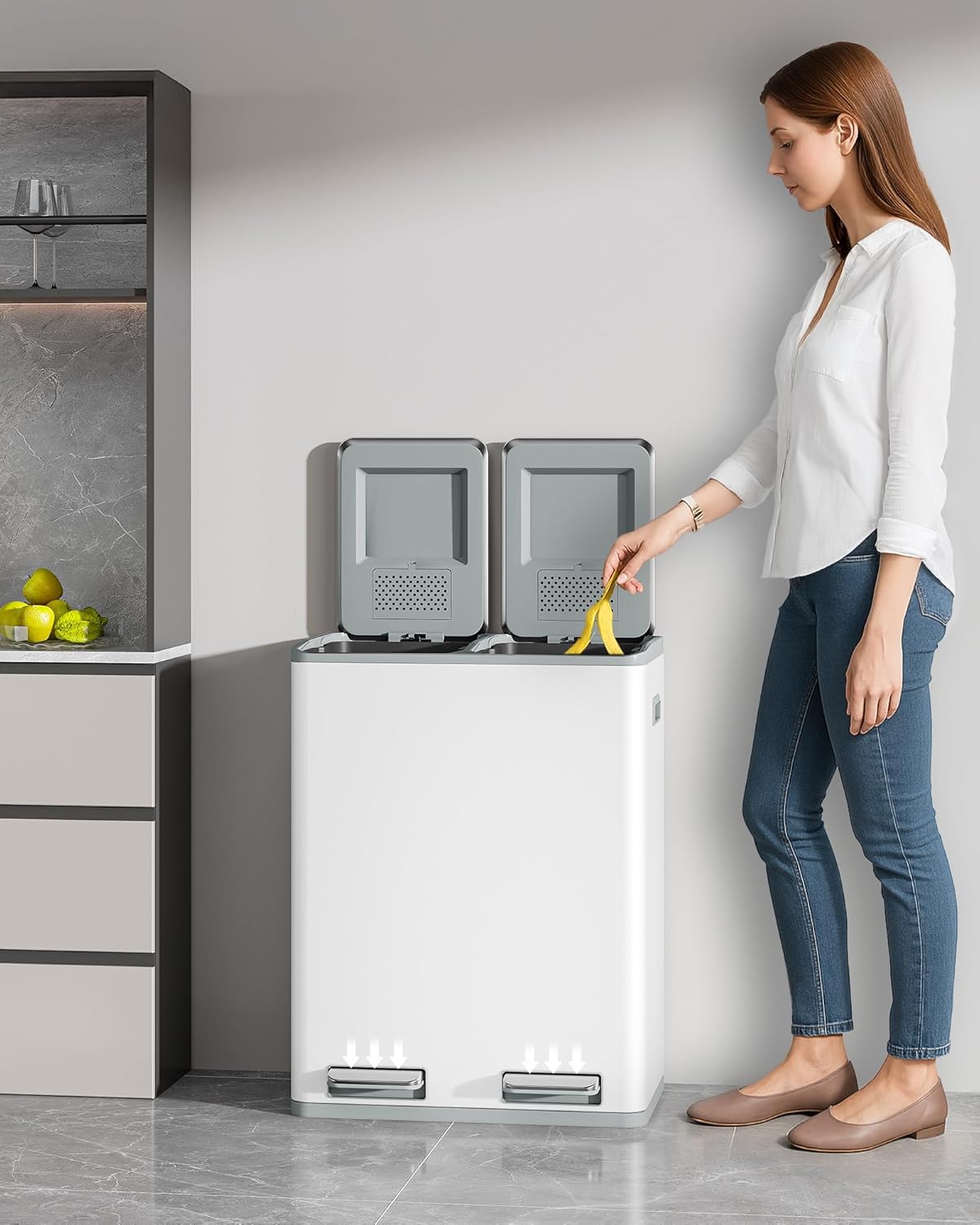 Hzuaneri Kitchen Trash Bin, Waste Separation System, 2 Compartments, 60 L (2 x 30 L), Stainless Steel Kitchen Trash Bin, Pedal Bin, Silent Slow Waste Bag, with 15 Exclusive Waste Bag, White