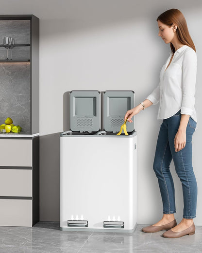 Hzuaneri Kitchen Trash Bin, Waste Separation System, 2 Compartments, 60 L (2 x 30 L), Stainless Steel Kitchen Trash Bin, Pedal Bin, Silent Slow Waste Bag, with 15 Exclusive Waste Bag, White