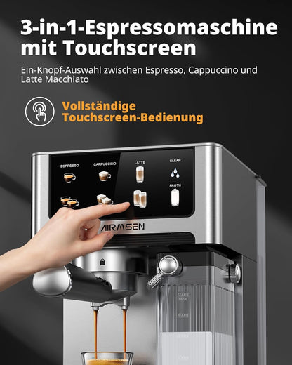 AIRMSEN Espressomachine 20 Bar – Cappuccino & Latte Machine, Dubbelboiler Koffiemachine (1350W & 1000W), Extractie in 15s, Roestvrij Staal, Afneembaar Waterreservoir 1,8L, Touchscreen