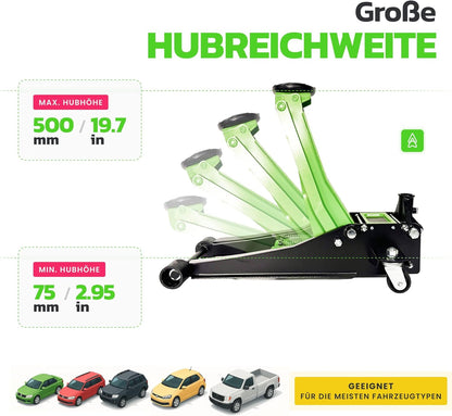 2026 Model, verbeterde en lichte hydraulische krik met laag profiel, dubbele zuigerslag 75-500 mm, draagkracht tot 3000 kg, robuuste krik voor auto's en SUV's