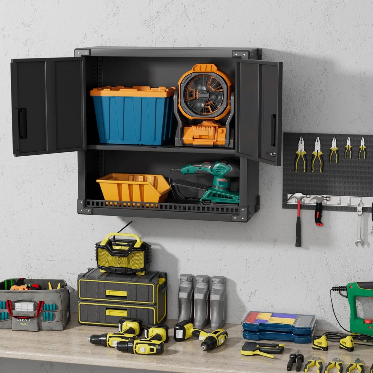 Hangkast, metalen gereedschapskast met 1 in hoogte verstelbare plank en 2 deuren en 1 lade, wandhangkast met roestvrijstalen slot, garage, werkplaats, keuken, A77 x B 80 x