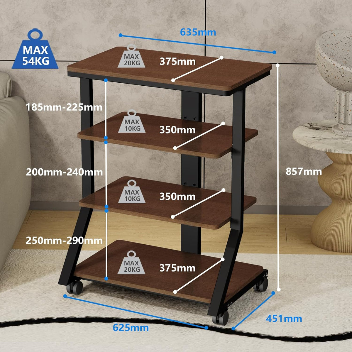 HiFi-rek – Audiorek – Mediameubel – AV-plank – Entertainmentstandaard – 4 niveaus – 8 mm planken, zwenkwielen met vergrendeling