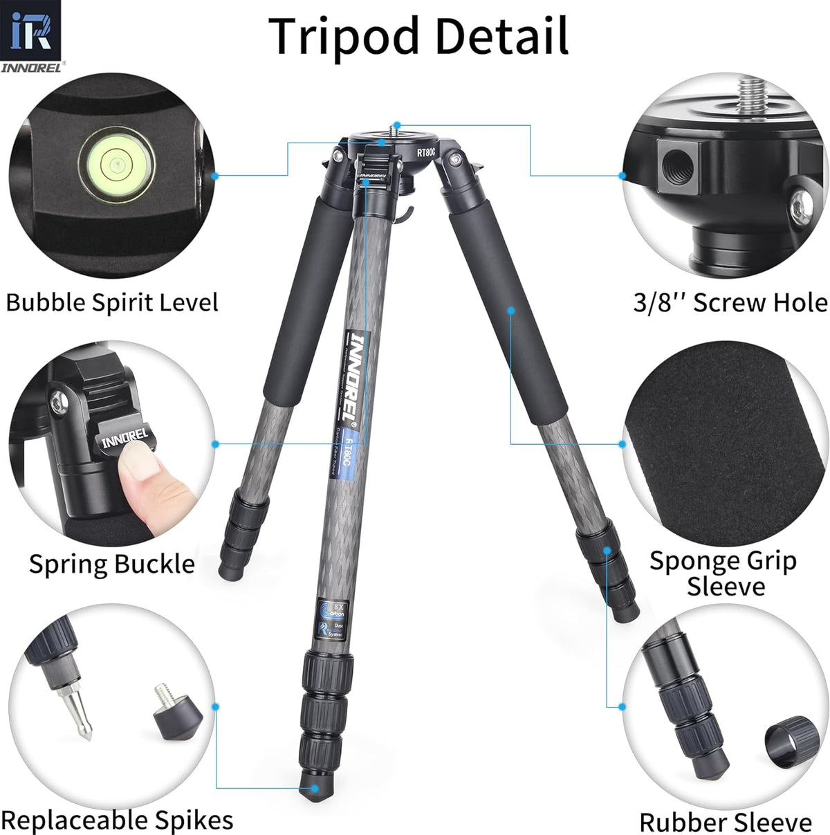 INNOREL RT80C Koolstofvezel Statief Moerslot Professioneel Camera Statief voor Zwaar Gebruik, Ultrastabiel Max buis 32 mm Max Belasting 20 kg Werkhoogte 27-160cm met 65mm Komadapter/zak