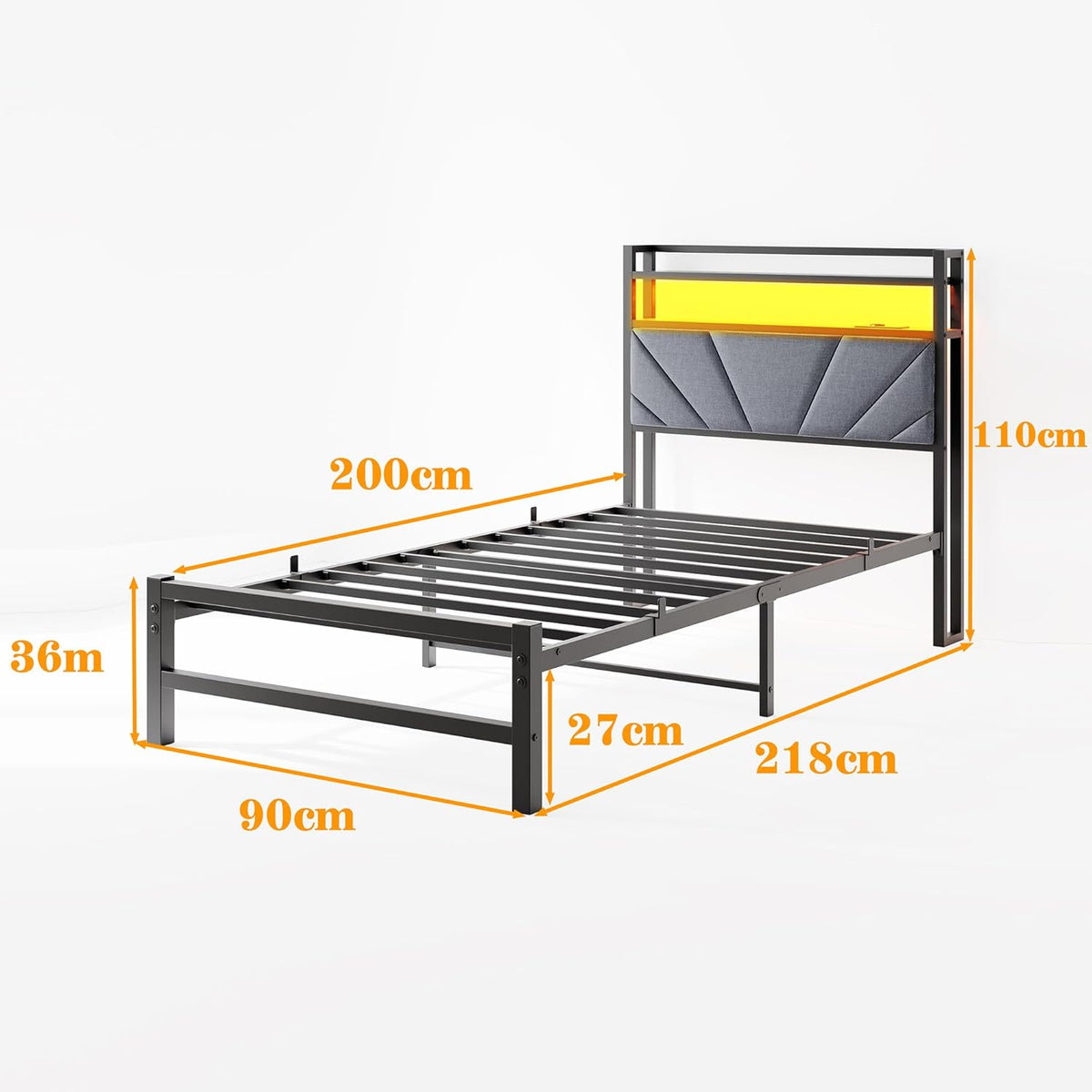 Gestoffeerd bed, 90 x 200 cm, metalen bed, eenpersoonsbed, bedframe met led en laadstation, bedframe met opbergruimte, tienerbed, logeerbed, bedframe met hoofdeinde, donkergrijs