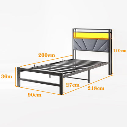 Gestoffeerd bed, 90 x 200 cm, metalen bed, eenpersoonsbed, bedframe met led en laadstation, bedframe met opbergruimte, tienerbed, logeerbed, bedframe met hoofdeinde, donkergrijs