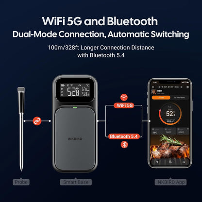 INKBIRD Draadloze Vleesthermometer, grillthermometer wifi 5G, en Bluetooth 5.4, multisensor temperatuursensor, NIST-geteste nauwkeurigheid, voor oven, grill, smoker, rotisserie airfryer oven