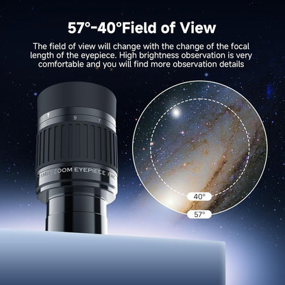 zoom telescoop oculair accessoires 1.25'' 7-21mm brandpuntsafstand 50° 47° veldweergave 18mm 16.3mm oogreliëf zenit diëlektrische spiegel 99% reflectiviteit astronomie planetaire maan mars deep sky