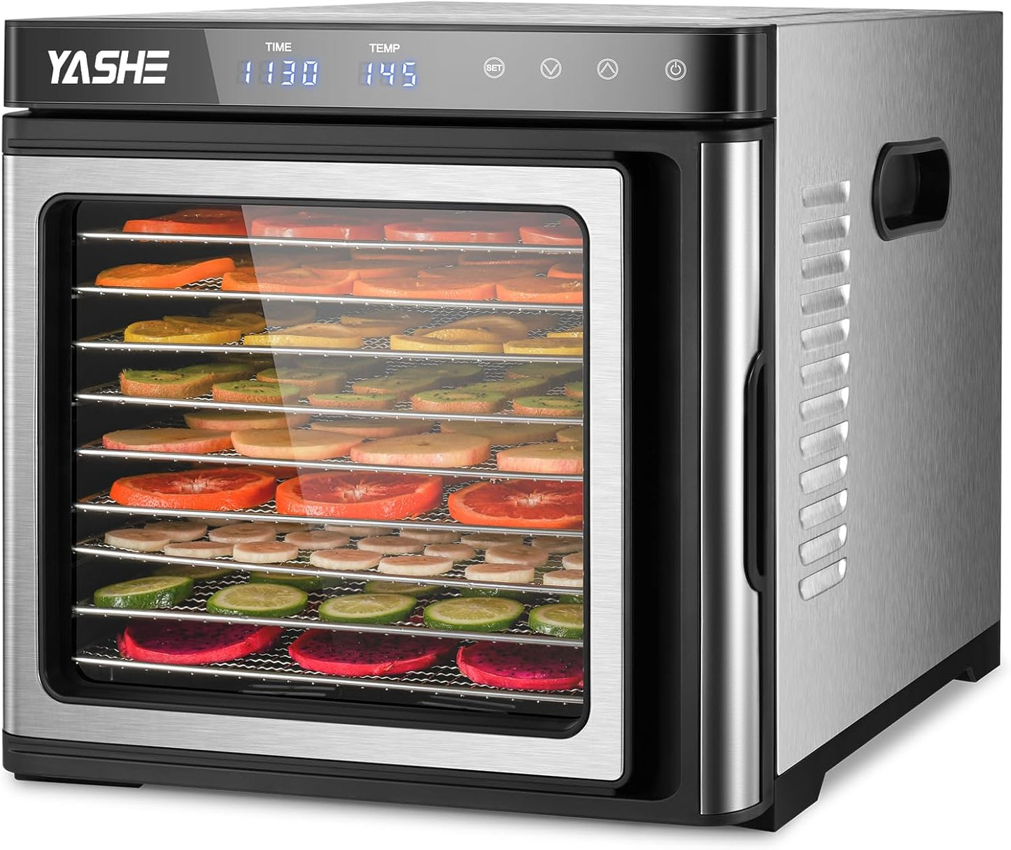 Roestvrijstalen droogautomaat, 1000 W voedseldroger voor groenten en fruit met led-display, nauwkeurige temperatuurregeling (35-75 °C), 48-uurs timer, 9 roestvrijstalen schalen, 2 gaaszeefjes, 1 kom