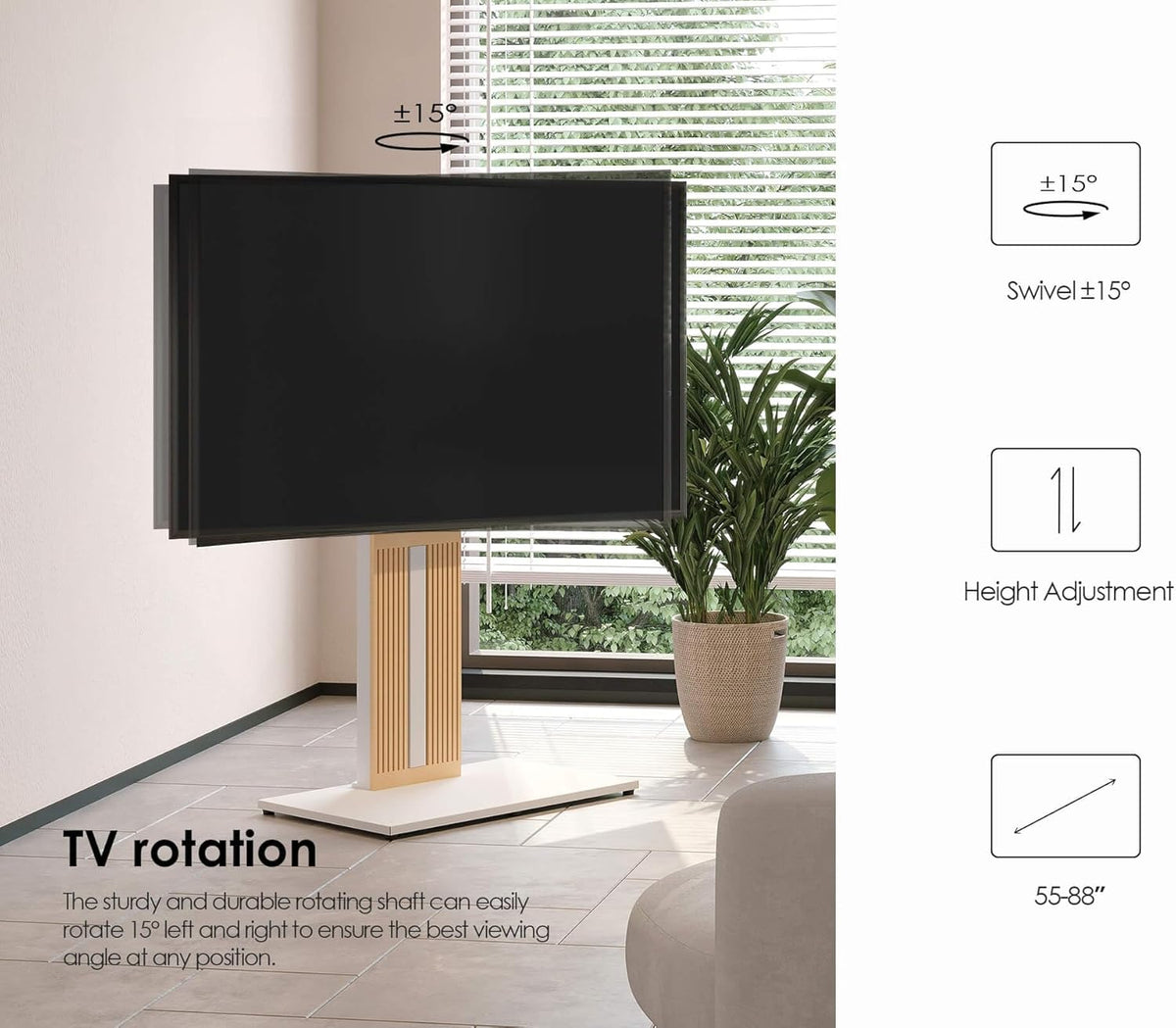 FITUEYES Design TV-standaard op standaard, voor schermen van 55 tot 88 inch, in hoogte verstelbaar, tv-kast van massief hout, draaibaar, maximale belasting 60 kg, hoek verstelbaar ± 30 graden,