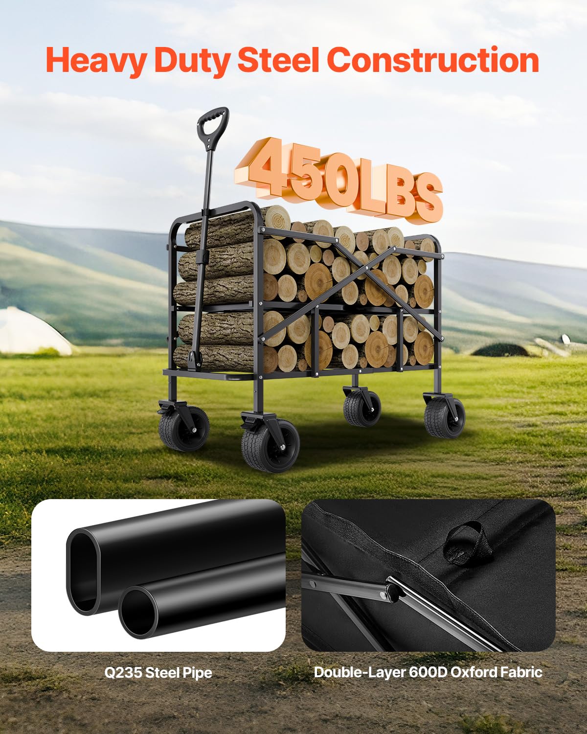 VEVOR Dubbeldekker vouwwagen, inklapbaar, 300 liter, zware vouwwagen, verlengde lange tuinwagen met all-terrain wielen, ondersteuning tot 450 lbs, outdoor utility wagen voor kamperen, sport, winkelen