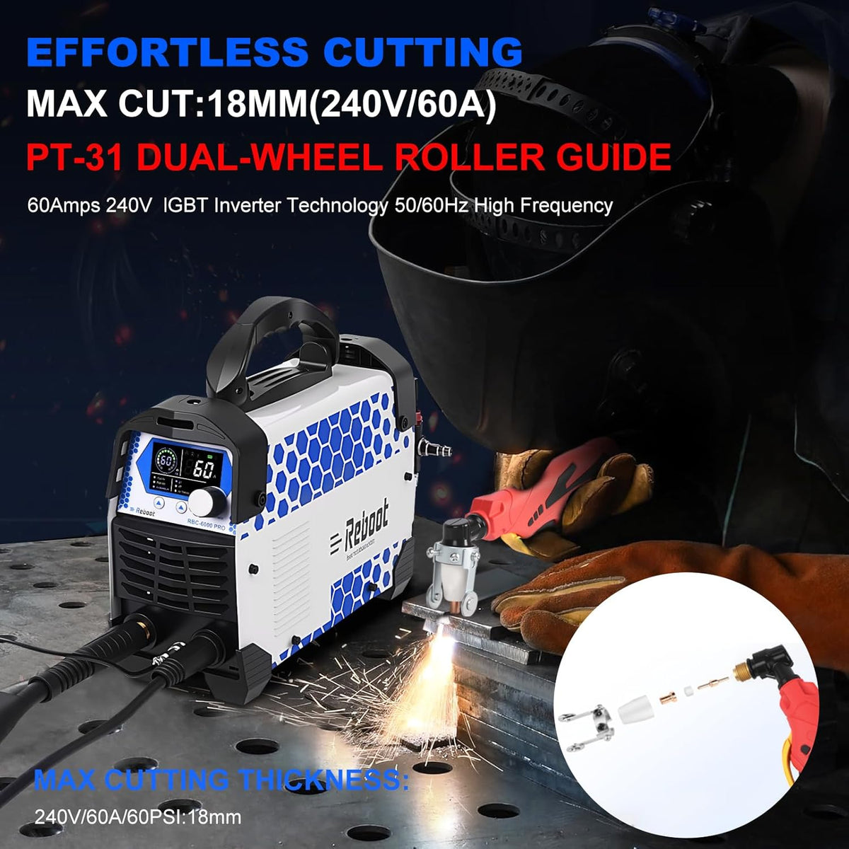 Plasmasnijder CUT60 Digitale IGBT-omvormer, 240 V, 60 amp, max. 16 mm snijkant, 10 mm, 2T/4T, led-scherm, PT31-accessoires, ideaal voor doe-het-zelf en industrie, RBC6000 Pro 6GEN
