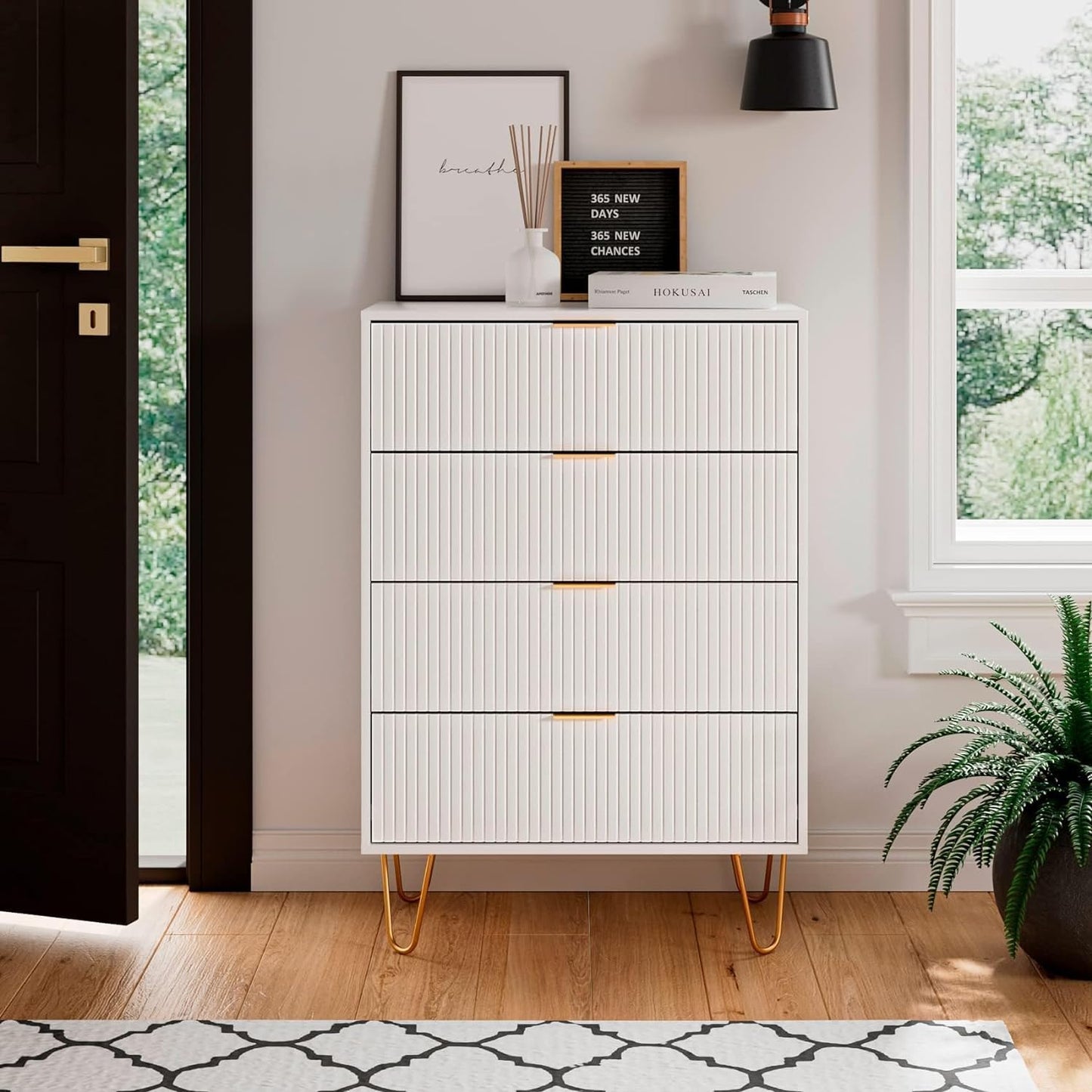Ladecommode, houten 4 laden kast opbergorganizer, hoge hoogglans ladekast met gouden metalen poten voor slaapkamer, woonkamer, kast, hal, wit