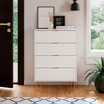 Ladecommode, houten 4 laden kast opbergorganizer, hoge hoogglans ladekast met gouden metalen poten voor slaapkamer, woonkamer, kast, hal, wit