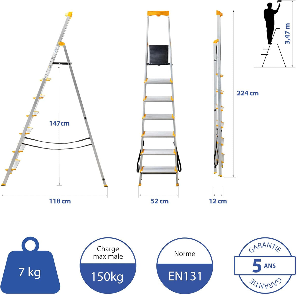 HOSTROM Ladder met 7 treden van aluminium, veilige opvouwbare ladder, gereedschapshouder, extra brede treden 12 cm, voor thuisgebruik en pro