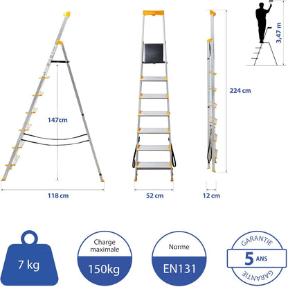 HOSTROM Ladder met 7 treden van aluminium, veilige opvouwbare ladder, gereedschapshouder, extra brede treden 12 cm, voor thuisgebruik en pro
