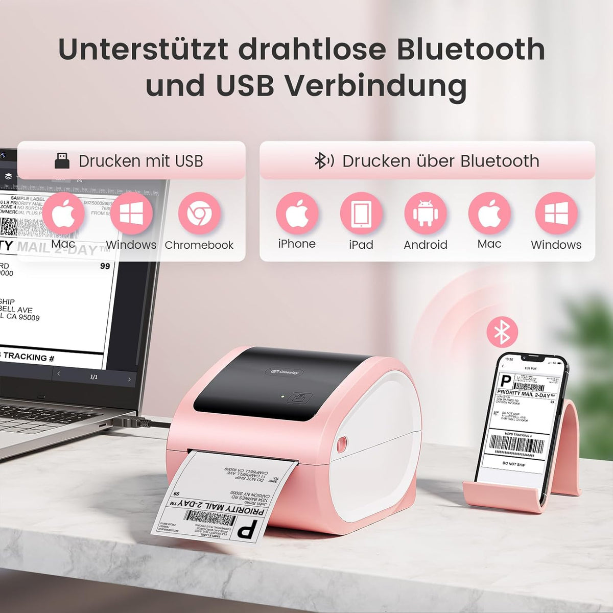 Bluetooth verzendlabelprinter 4x6 - roze draadloze thermische labelprinter voor kleine bedrijven, thermische printer voor verzendlabels, verzendetikettenfabrikant, compatibel met USPS, Amazon
