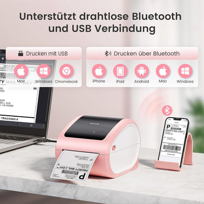 Bluetooth verzendlabelprinter 4x6 - roze draadloze thermische labelprinter voor kleine bedrijven, thermische printer voor verzendlabels, verzendetikettenfabrikant, compatibel met USPS, Amazon