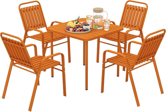 Outsunny Outdoor Garden Furniture 5-Piece Outdoor Garden Table with 4 Stackable Chairs Slatted Frame 80 cm Stainless Steel Frame Garden Furniture Patio Patio Patio Orange - QUORE