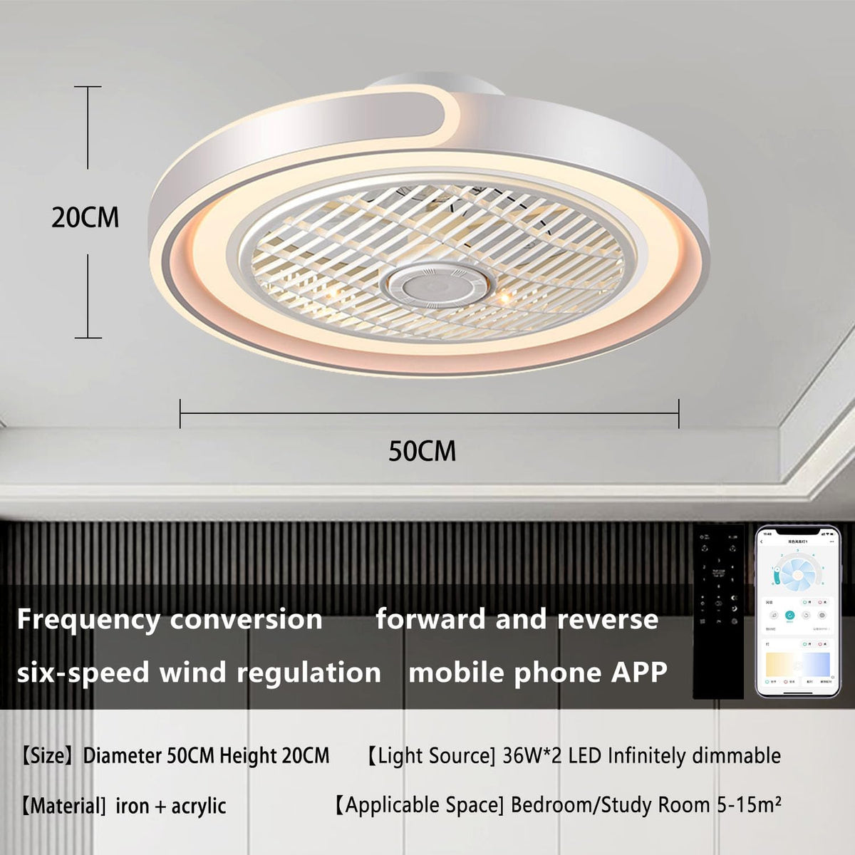 ASJK Stille Plafondventilator 72W 7200 lm met Verlichting, Plafondventilator Plafondlamp met Afstandsbediening 6 Windsnelheden, 3 Kleurtemperaturen, 6 Omkeerbare Snelheden. Wit