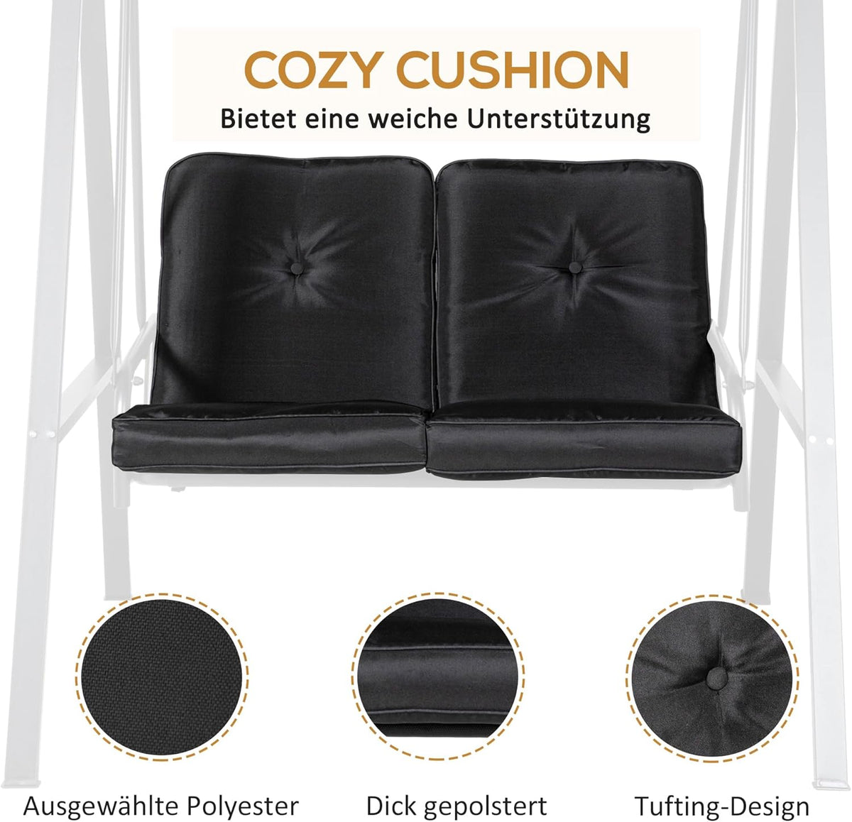 Outsunny Hollywoodschaukel 2-Sitzer Gartenschaukel mit Verstellbarem Dach, Kissen, Schaukelbank bis 220 kg Load Bar, für Garten, Balcony, Schwarz, 145 x 116 x 172 cm - QUORE