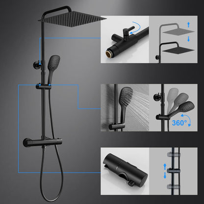 Douchesysteem – Doucheset – Regendouche – Thermostaatkraan – Douchekolom – Hoogte Verstelbaar – 30x30 cm Regendouchekop – Veiligheidsstop 38°C