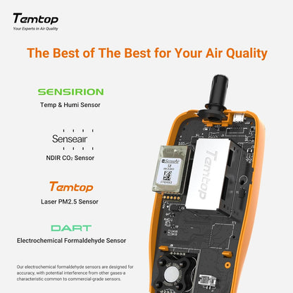 Temtop Luchtkwaliteitsmonitor voor PM2.5 PM10 Deeltjes CO2 HCHO Temperatuur Vochtigheid Instelbaar Audio Alarm Opnamecurve Eenvoudige kalibratie Kleurrijk display (M2000 2nd)