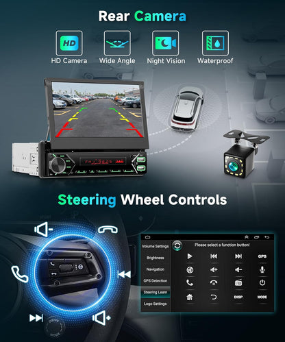 1 DIN DAB+ autoradio met 7-inch gemotoriseerd touchscreen, draadloze CarPlay & Android Auto, Podofo autoradio met Bluetooth, USB-C, Mirror Link en achteruitrijcamera