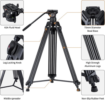 Video statiefsysteem, Cayer BV30L 72 inch- Professioneel Heavy Duty Aluminium Twin Tube Statief, K3 vloeistofkop, Mid-Level Spreader, Max Belasting 13.2 LB, DSLR Camcorder