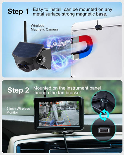 Magnetische zonne-aangedreven draadloze achteruitrijcamera: KI-voetganger- & voertuigherkenning, 1-min installatie, geen bedrading / boren, gebarenbediening, nachtzicht, 5 inch monitor voor campers