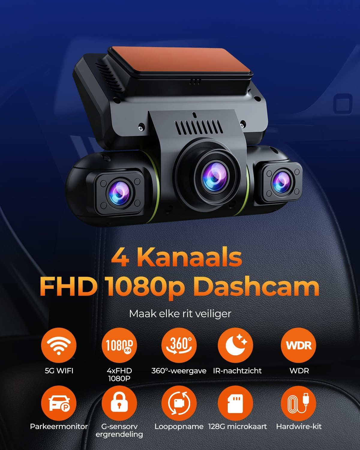 4-Kanaals Dashcam Auto – Autocamera – Auto Camera – Camera Auto – 360° Dashcam – 1080P Opname – WiFi & App-bediening