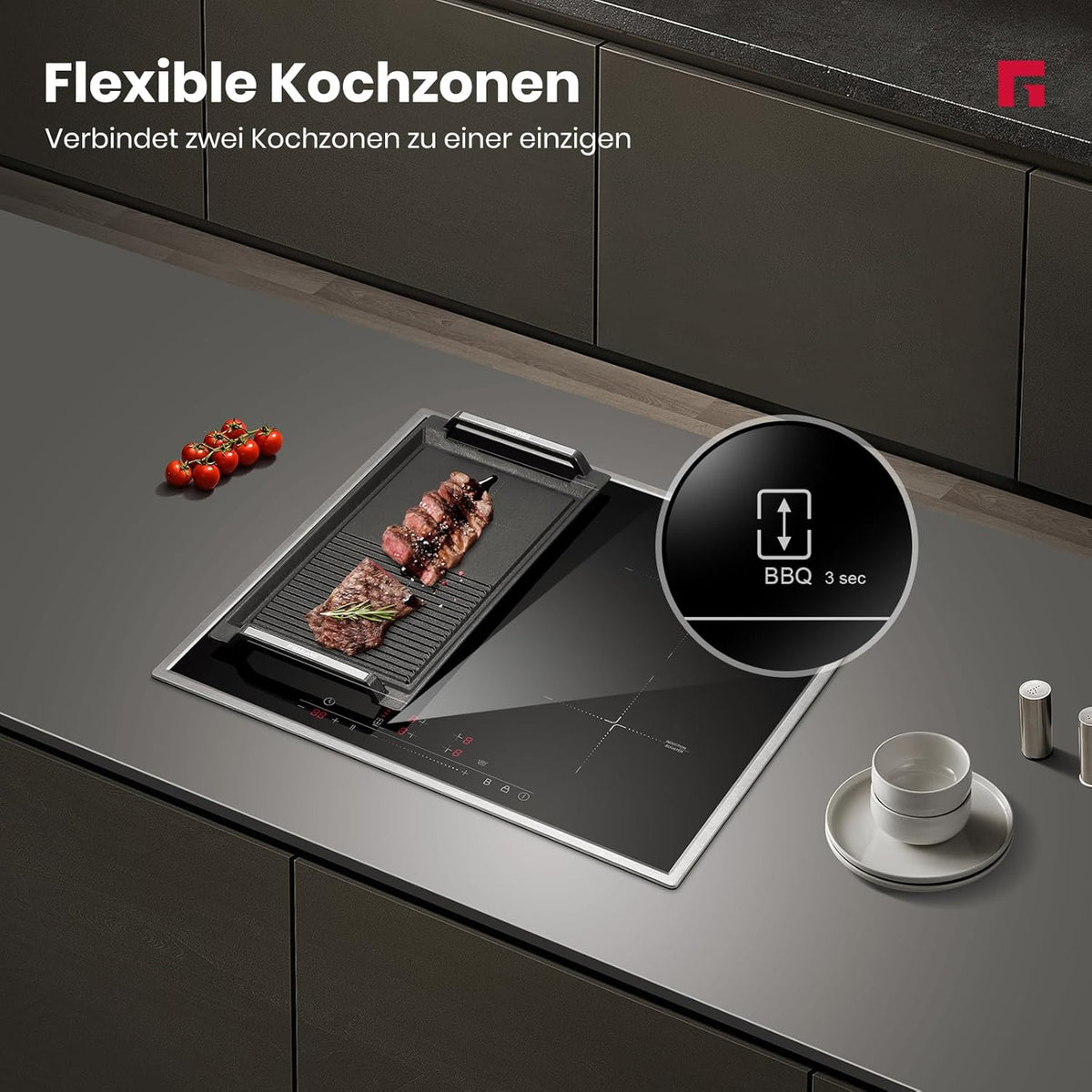 Inductiekookplaat – Inbouwkookplaat – Elektrische kookplaat – Kookplaat met flexibele zone – 60 cm – 4 Pitten – PowerBoost functie – 7000 W vermogen