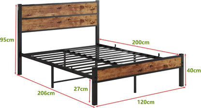 Bed 120x200, Bed frame Kinderbed 120x200 met lattenbodem van metaal, Bedframe met houten hoofdeinde en opbergruimte eronder, Gastenbed Tweepersoonsbed, Robuust en Stabiel Bed Frame, Bruin