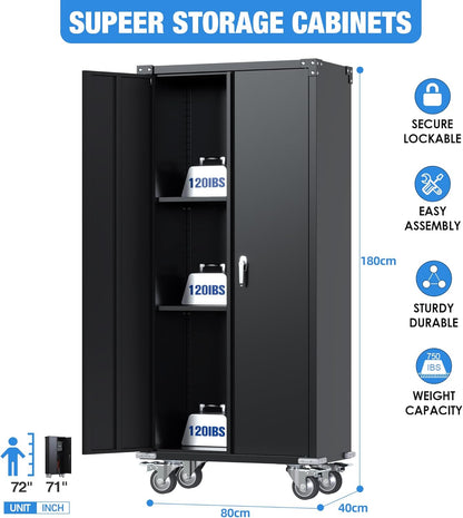 Metal Broom Cabinet, Cleaning Agent Cabinet, Multifunctional Cabinet, Metal Storage Cabinet with Wheels, Broom Cabinet with Hanging Bar, 180 x 80 x 40 cm (Black)